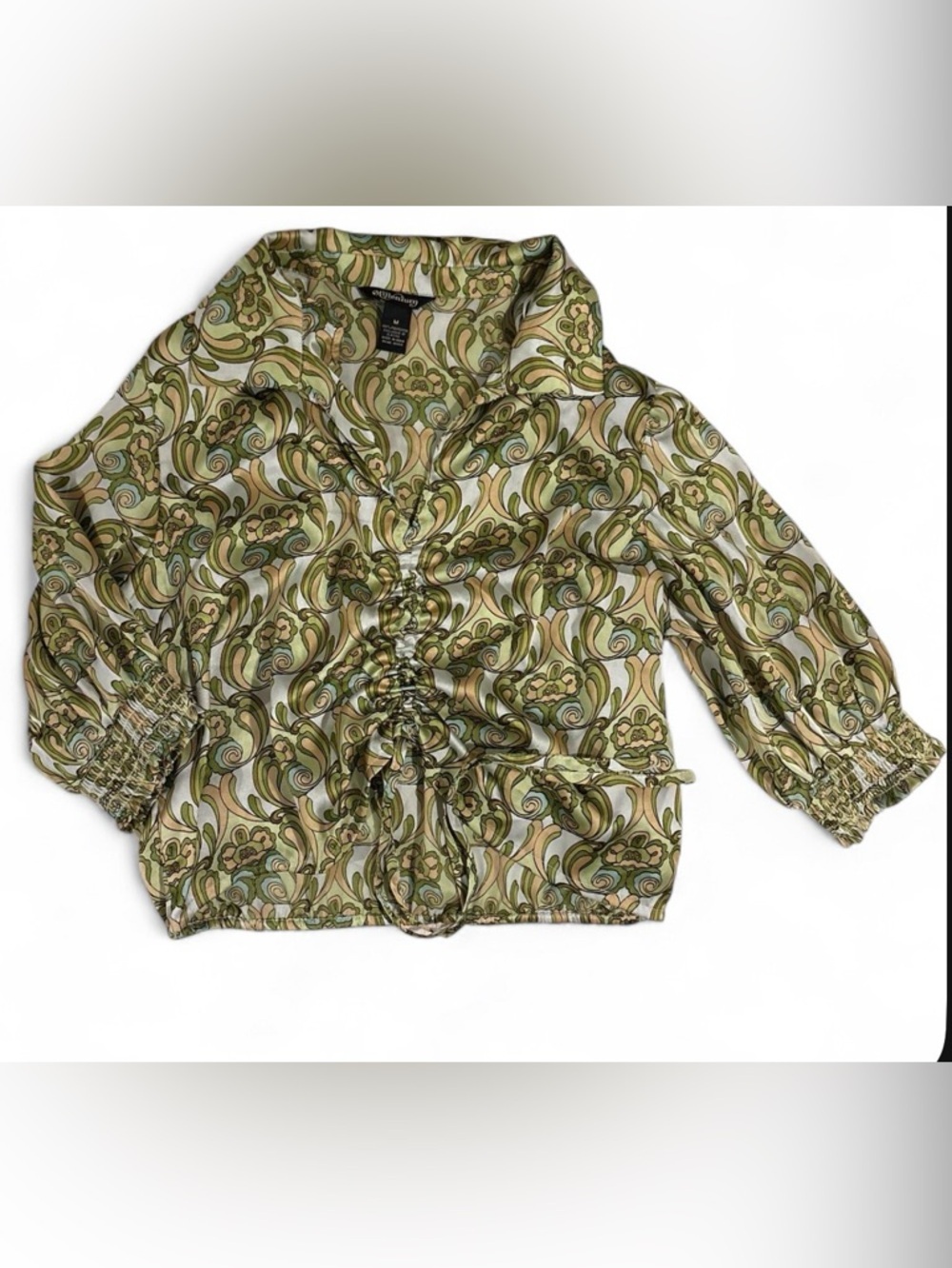 Millenium Blouse Womens Green Gold Paisley Ruched Front Retro 70s Boho Sz M